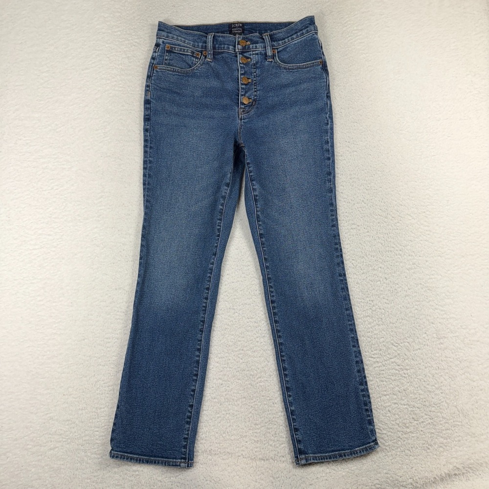 J Crew Essential Straight Button Fly Jeans Womens 27 (28.5x26) Blue Denim Ankle